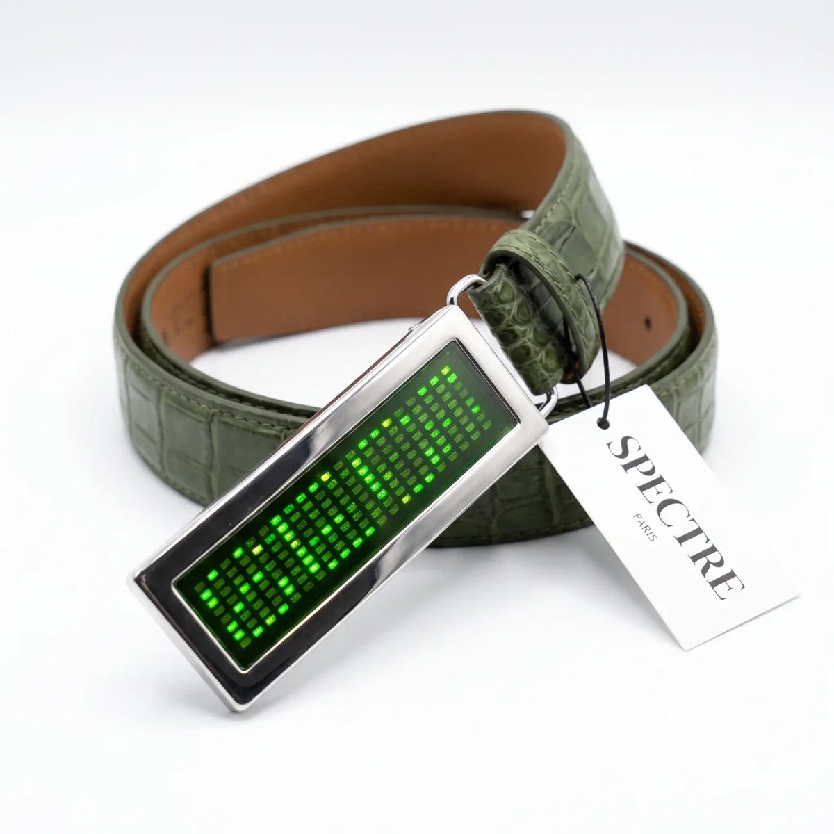 Ceinture SPECTRE PARIS — Édition Croco Kaki LED Verte