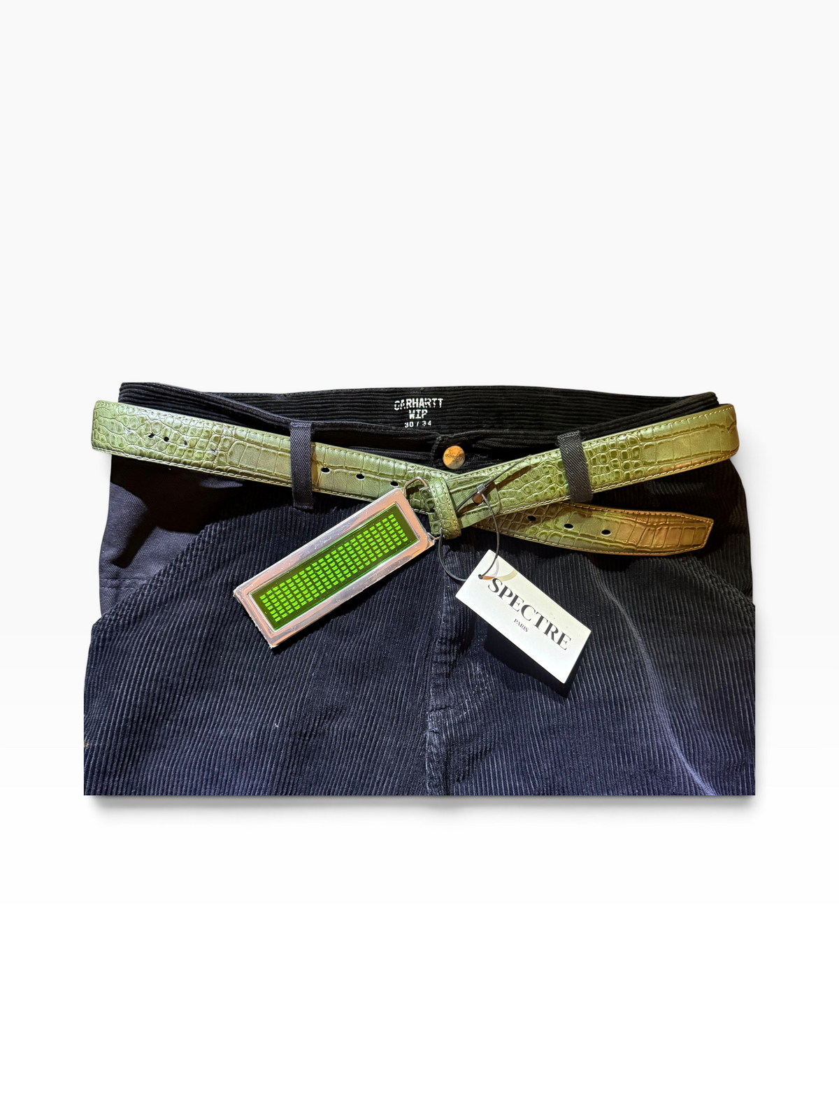 Ceinture SPECTRE PARIS — Édition Croco Kaki LED Verte